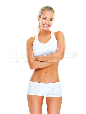 Buy stock photo Portrait, happy woman and body for exercise in studio with workout, wellness and good health. Female person, sportswear and training for wellbeing and fitness by white background with crossed arms
