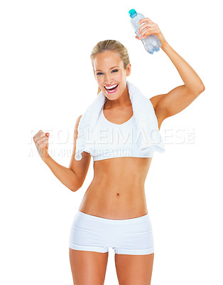Buy stock photo Success, exercise and portrait of woman happy for fitness, training or health with water bottle on white background. Winner, athlete and wellness lady with gym clothes for workout, sports and body