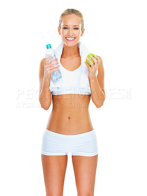 Buy stock photo Woman, portrait and workout with apple diet or exercise towel in fitness clothes or studio, water bottle or white background. Female person, face and cardio performance or gym, hydration or mockup