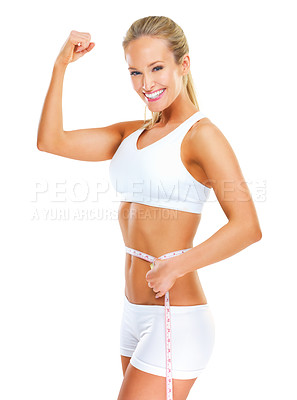 Buy stock photo Woman, portrait and fitness with tape measure, body and weight loss for motivation, wellness and health. Female athlete, stomach and results with white background, studio and success for progress