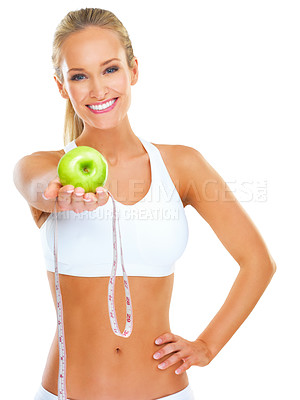Buy stock photo Portrait, happy and woman with measuring tape, apple or offer on studio white background. Face, smile or lady model with fruit, deal or invitation to gut health guide, detox or diet nutrition balance
