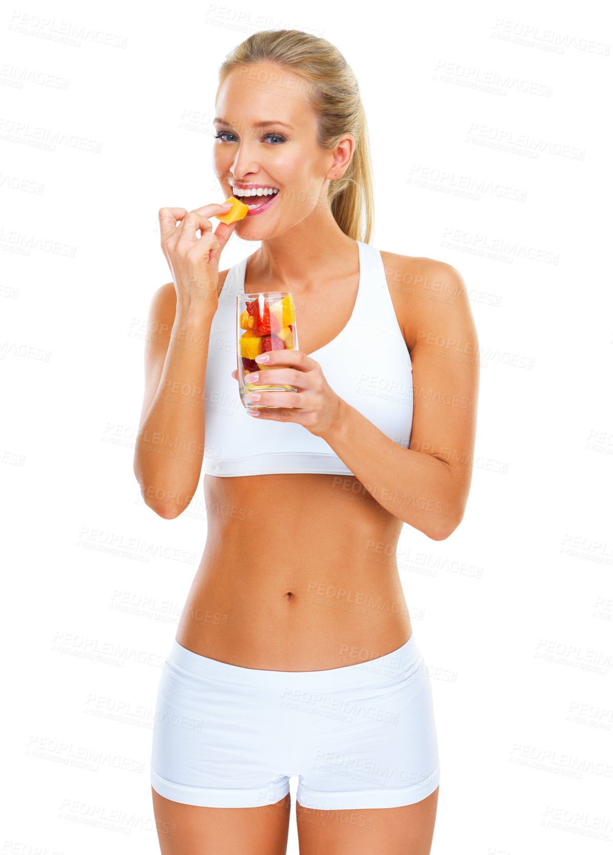 Buy stock photo Portrait, woman and fruit for fitness in studio for nutrition, health and wellness for sports journey. Female person, exercise and workout for muscle with training, diet and body on white background