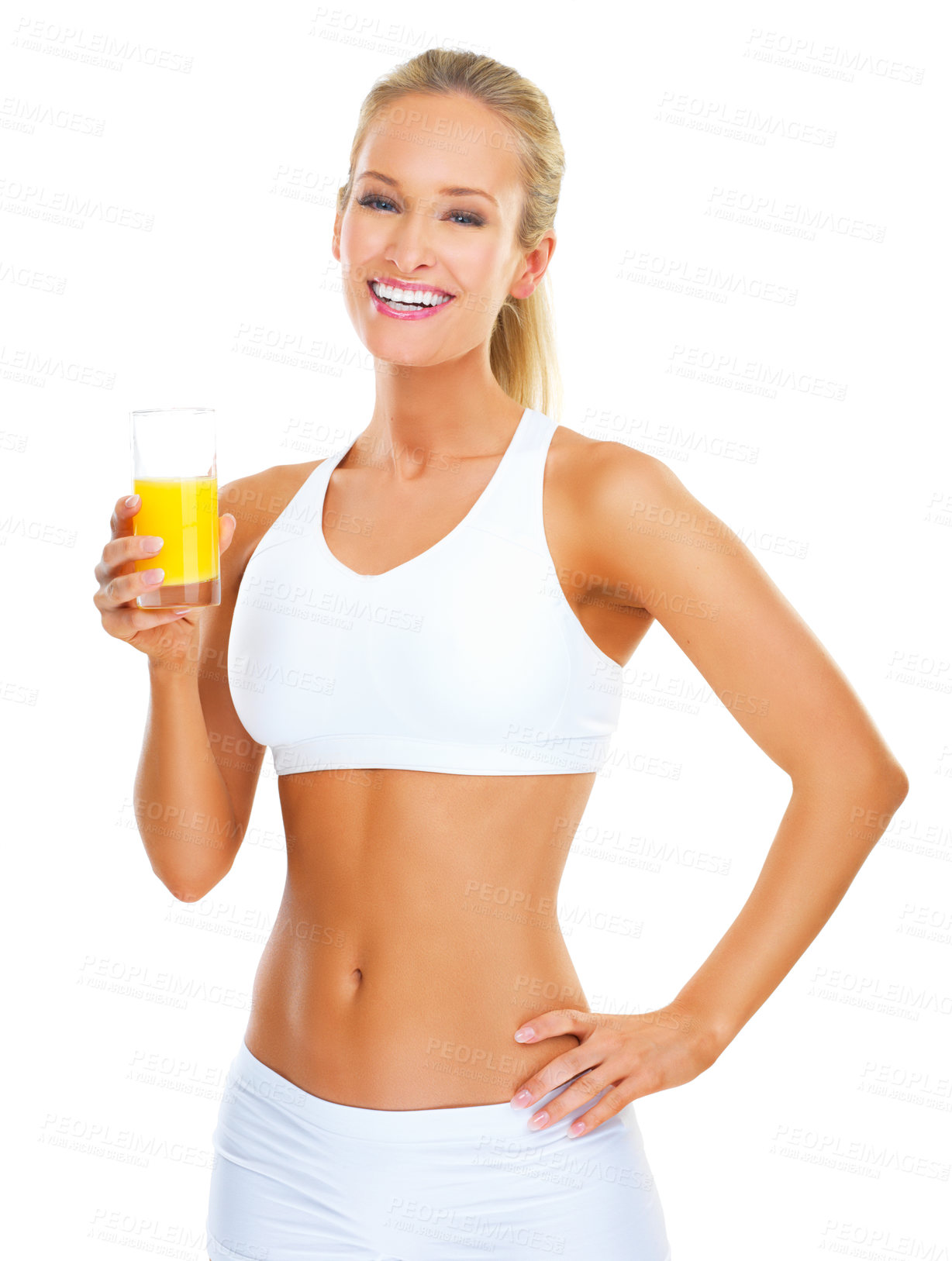 Buy stock photo Studio, athlete and woman with juice, portrait and smile of girl with happiness for nutrition. White background, wellness and female person with energy for sports with training, exercise or workout