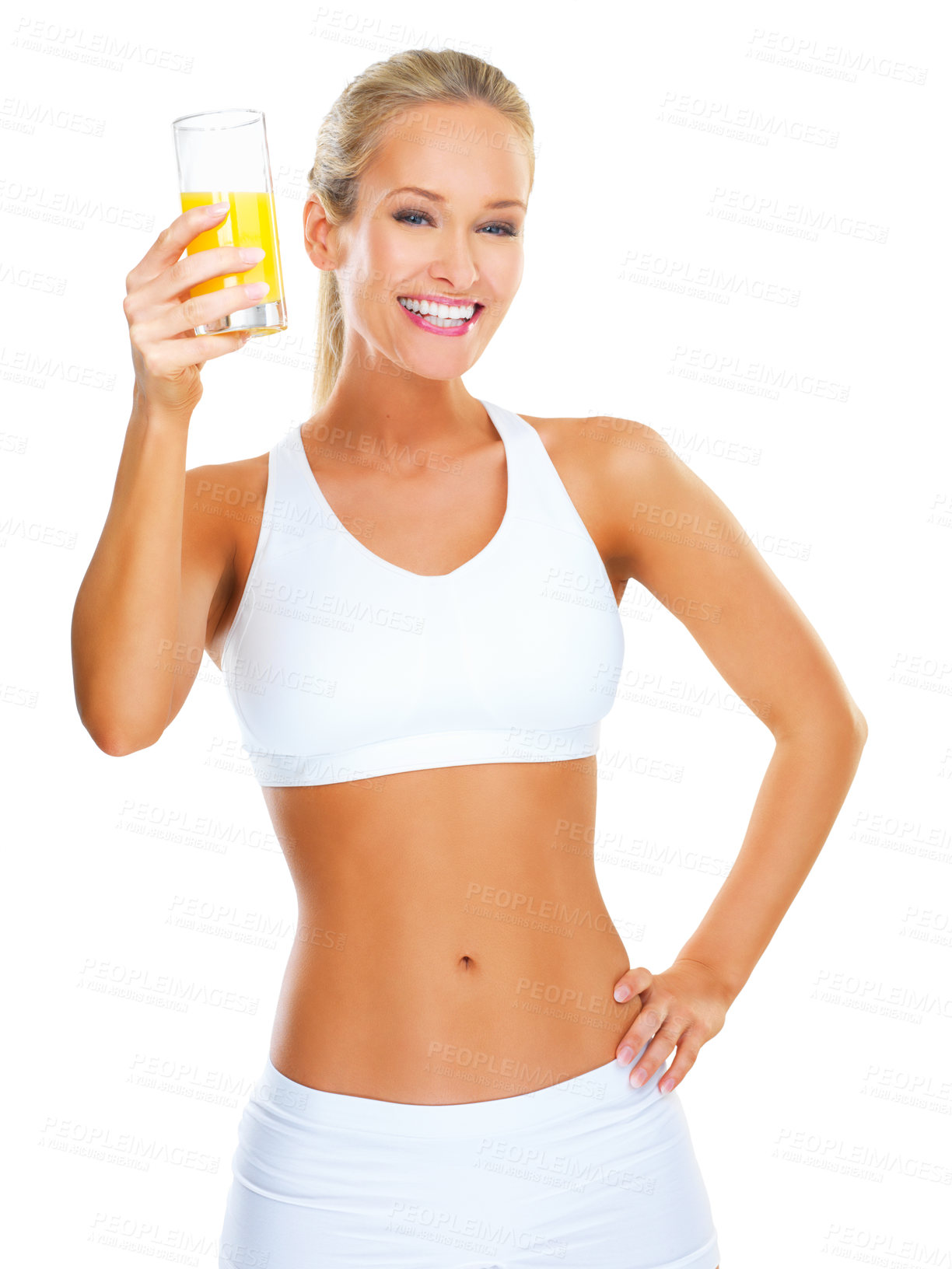 Buy stock photo Studio, portrait and fitness for woman with juice for hydration, healthcare and wellness. White background, workout and athlete with confidence, sport and pride for girl with training of exercise