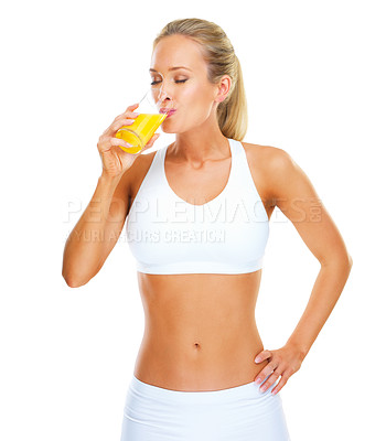 Buy stock photo Studio, athlete and woman with juice to drink and benefits of vitamin c with nutrition for female person. White background, wellness and girl with energy for sports with training, exercise or workout