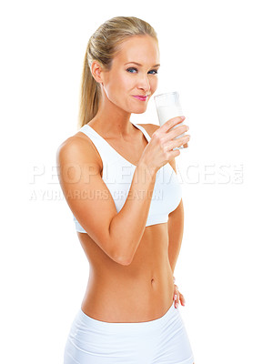 Buy stock photo Portrait, woman or water as hydration, natural skincare or detox for self care, or wellness. Female person, smile or h2o to drink for glow, flawless skin or vitality of confident, wellbeing or health