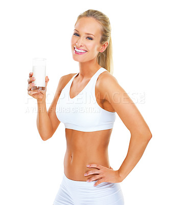 Buy stock photo Portrait, happy woman and glass of milk for fitness, healthy diet and organic nutrition isolated on a white studio background. Body, person and drink dairy beverage for breakfast, wellness or calcium