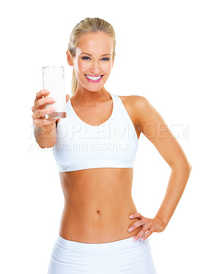 Buy stock photo Fit woman, portrait and health with milk, wellness and healthy body in white background. Confident, female person and beauty for fitness, toned muscles and shape in smiling, studio and backdrop
