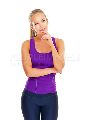 Buy stock photo Athletic woman, thoughtful and smiling in isolated, studio and backdrop for thinking. Sporty, female person and activewear with decision, vision and idea for healthy, diet and fitness in background