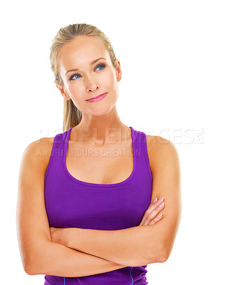 Buy stock photo Woman, fitness and thinking of exercise in studio for wellbeing, workout and training against white background. Girl, athlete and reflection with memory for wellness, health and vision with ideas