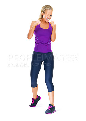 Buy stock photo Portrait, woman or fist in competitive, fitness or training as energy, resilience or mma challenge. Female boxer, confident or smile to fight, impact or battle as power muscle performance by cardio