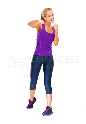 Buy stock photo Woman, portrait and boxing punch in studio for workout performance or fitness, wellness or exercise. Female person, fist and gym training on white background for fighter athlete, challenge or mockup