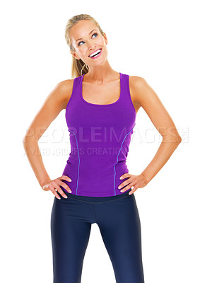 Buy stock photo Woman, health and fitness thinking in studio or workout confidence, thoughts or training. Female person, future and lose weight on white background with mockup space for goals, exercise or wellness
