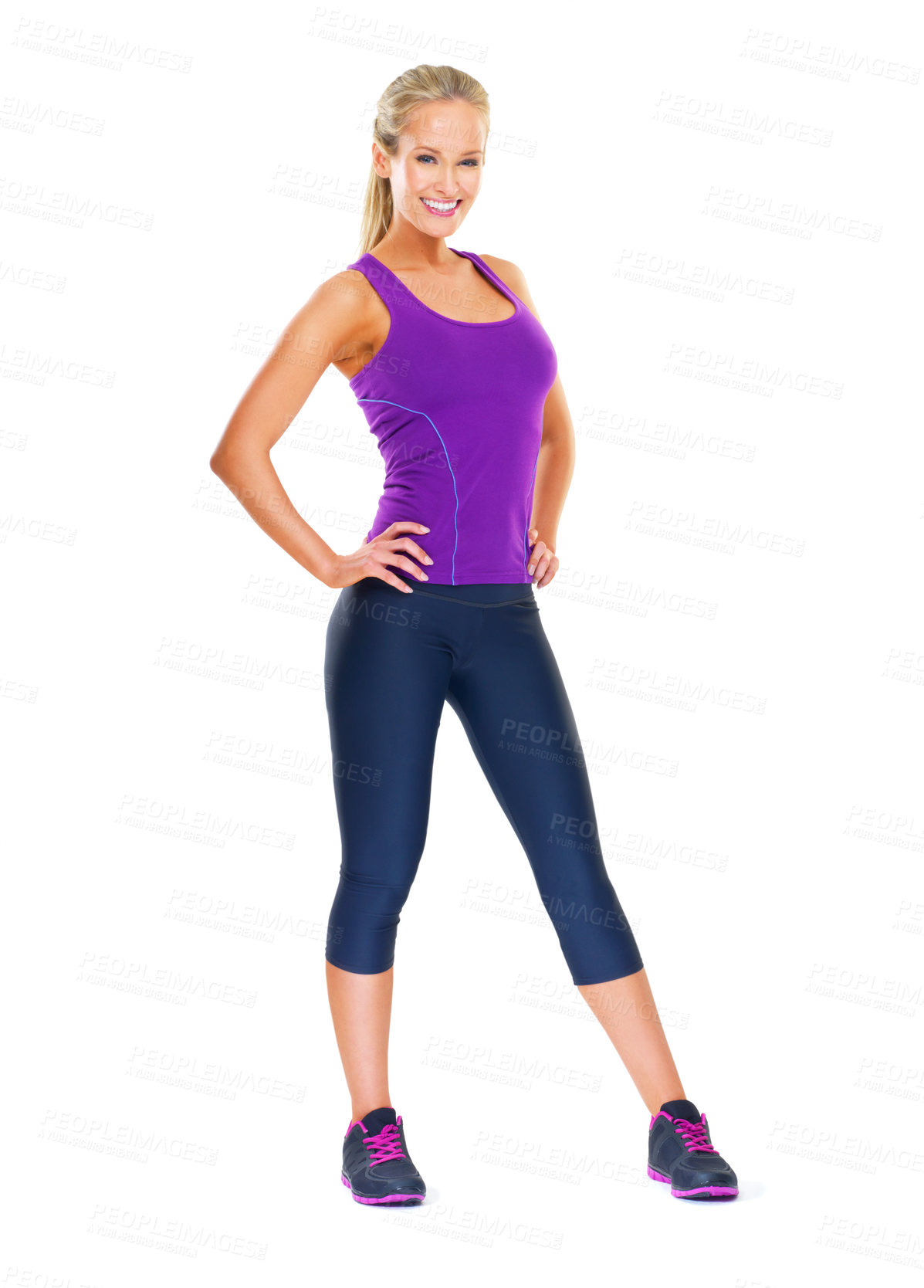 Buy stock photo Woman, smile and portrait for exercise, diet and fitness goals on white background. Young person, nutritionist or model isolated and happy for health, workout and slim for weightloss in studio