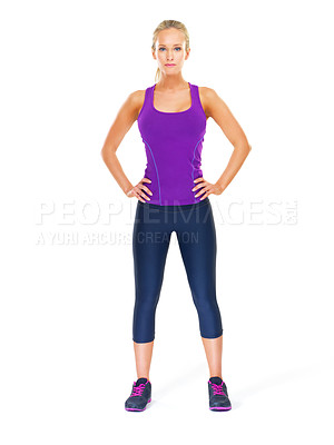 Buy stock photo Fitness, portrait and serious woman in studio with confidence, mindset or resilience on white background. Power, pose and female model with training, workout or exercise, sport or wellness routine