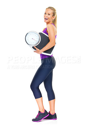 Buy stock photo Woman, portrait and scale for lose weight in studio for training workout or diet progress, exercise or white background. Female person, face and fitness health for wellness, sports or mockup space