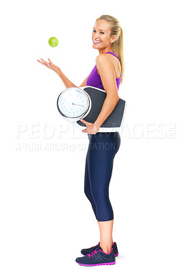 Buy stock photo Portrait, scale and apple with woman, fitness and nutrition isolated on a white studio background. Full body, person or model with weight loss or fruit for wellness or healthy with diet plan or smile