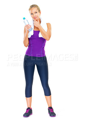 Buy stock photo Water, thinking and fitness of woman in studio for body health, exercise or planning workout isolated on a white background mockup space. Sports, idea and person with bottle for hydration or wellness