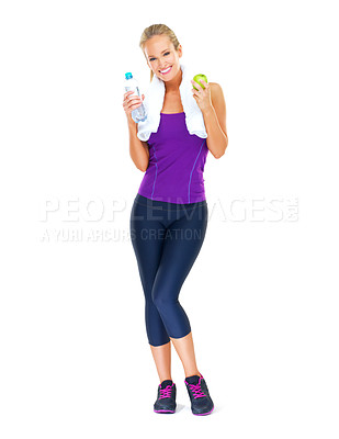 Buy stock photo Woman, portrait and exercise with apple nutrition in studio or water bottle for hydration, sports or white background. Female person, face and diet snacks for healthy meal, organic or mockup space