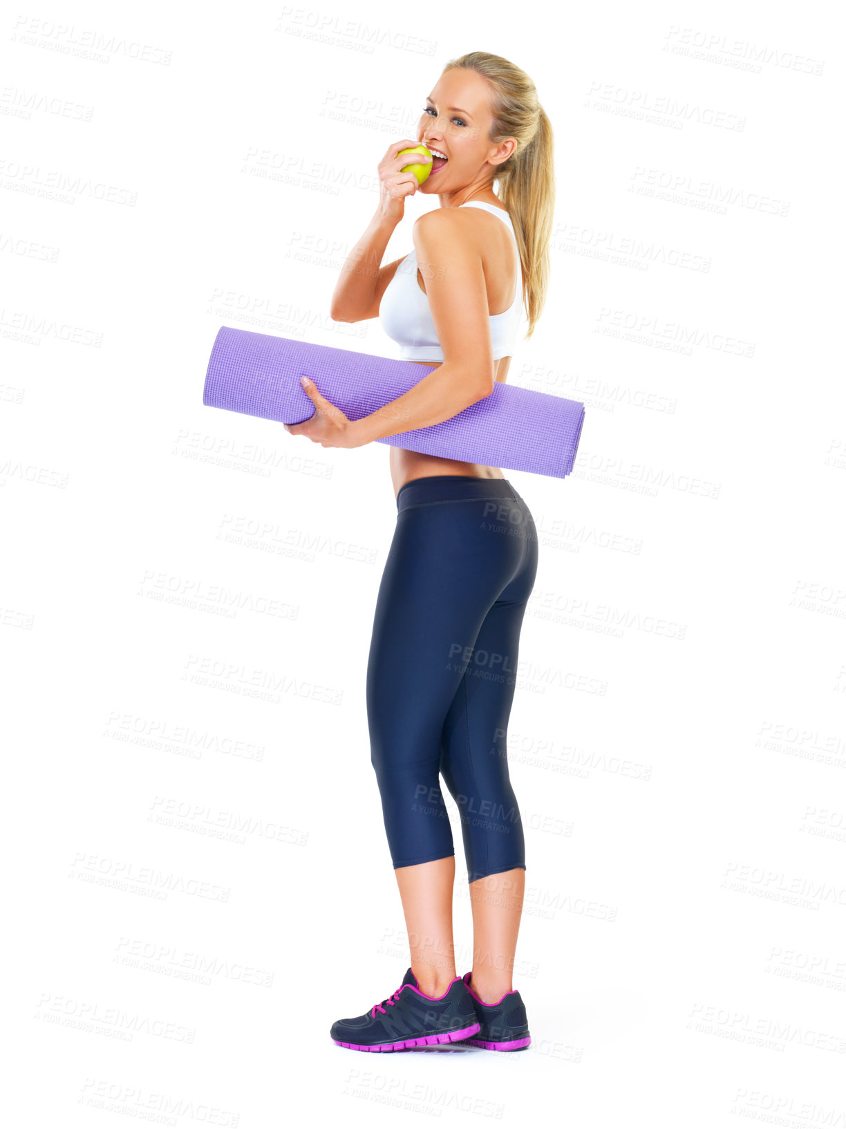 Buy stock photo Portrait, woman or apple as nutrition, yoga or mat as fitness, energy or health in studio mockup. Female yogi, fruit or sportswear in happy, body or training by workout, healthy or organic vegan diet