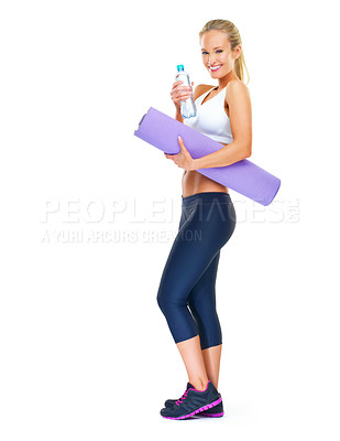 Buy stock photo Woman, yoga and water bottle in studio isolated on white background for exercise, fitness and health conscious for mockup space and advertising. Female person, healthcare and workout motivation. 