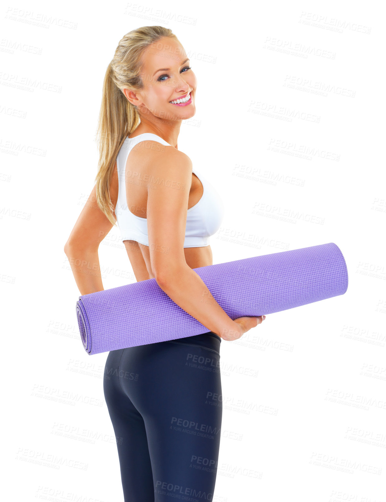 Buy stock photo Portrait, yoga mat and woman with fitness, zen and healthy person isolated on white studio background. Full body, athlete or model with exercise and wellness with cardio and workout with training