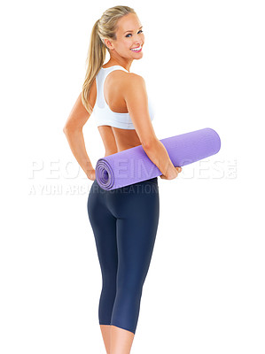 Buy stock photo Back, portrait and woman with a yoga mat, exercise and healthy person isolated on white studio background. Model, athlete and girl with a smile and training with mockup space and wellness with energy