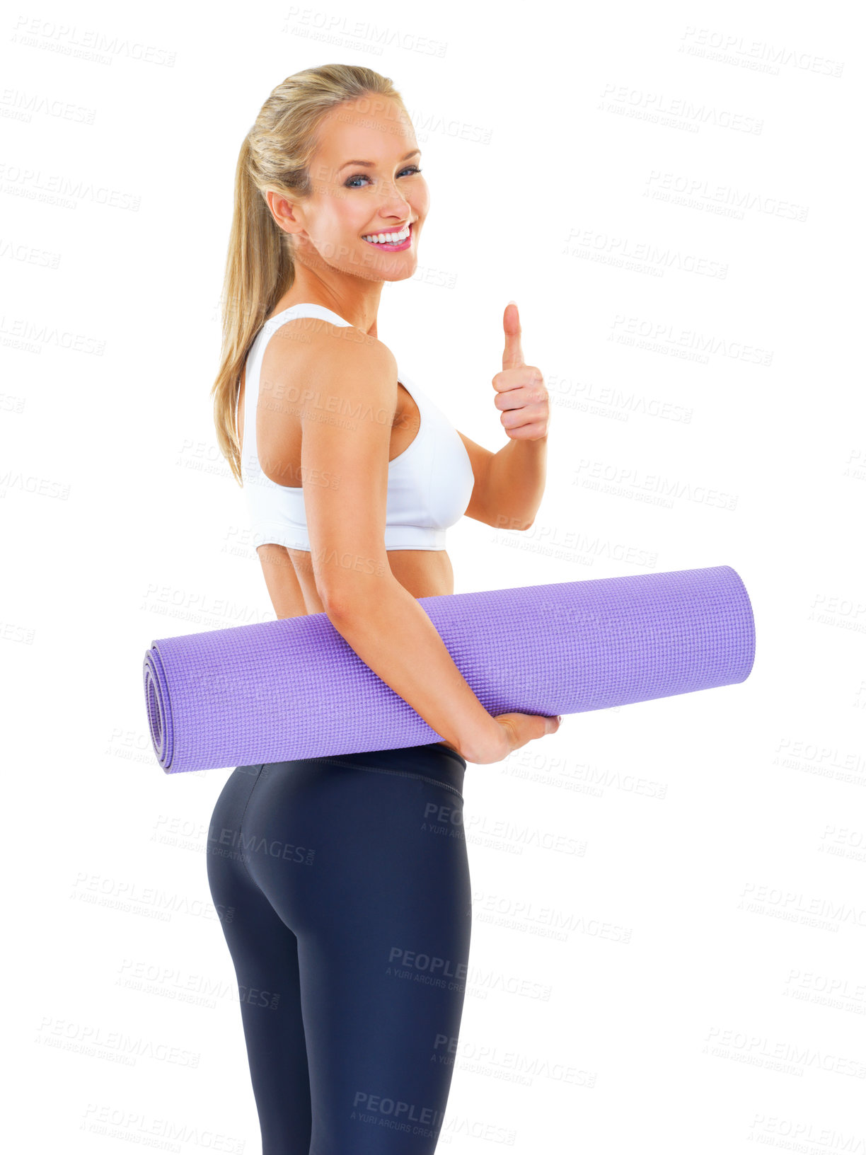 Buy stock photo Woman, studio and yoga mat for exercise, fitness and workout with health and wellness. Instructor, portrait and cardio for spiritual zen, meditation and balance or relax isolated on white background