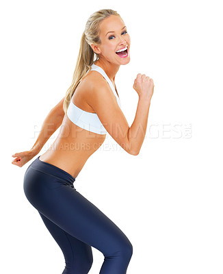 Buy stock photo Excited, woman and fitness in portrait on studio background for motivation in sports and workout. Happy, model and athlete with trendy sportswear for fitness, wellness and healthy body for cardio