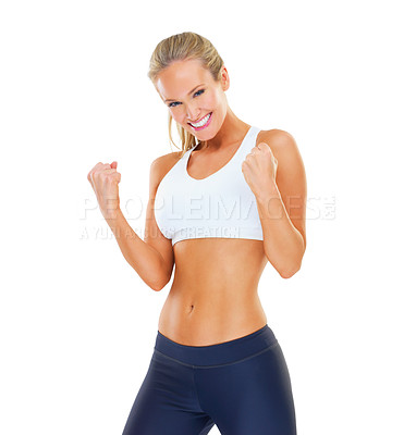 Buy stock photo Fitness, portrait  and woman with smile, celebration and  healthcare with training for wellness. White background, exercise and girl with pride, workout and confidence with happiness in studio