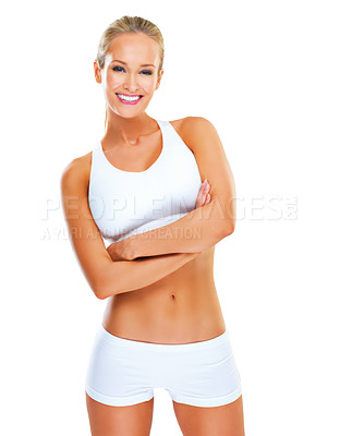 Buy stock photo Woman, portrait and arms crossed with fitness in studio for exercise, workout and training with healthy body. Athlete, person and smile with underwear, confidence and bodycare on white background