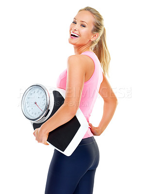 Buy stock photo Woman, scale and portrait for exercise, diet and fitness goals on white background. Young person, nutritionist or dietician and smile for weightloss, health and excited for workout and results
