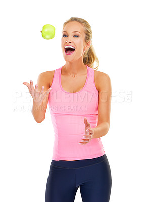 Buy stock photo Woman, apple and diet nutrition with smile in studio for healthy training, lose weight or white background. Female person, happy and fitness workout with fruit snack or organic, fibre or mockup space