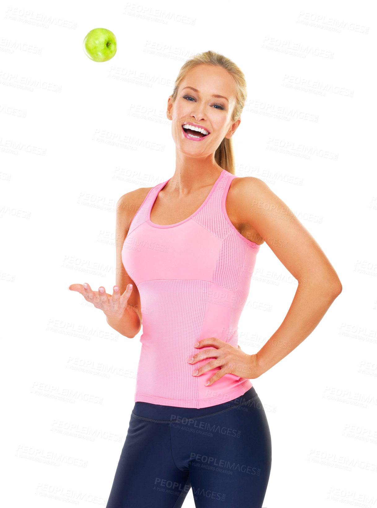 Buy stock photo Happy woman, portrait and woman with apple throw in studio for wellness,  nutrition or diet balance on white background. Health, food or model with superfoods fruit for digestion, gut health or detox