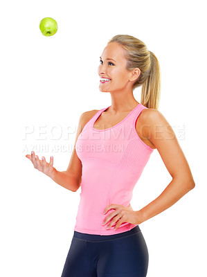 Buy stock photo Woman, apple and diet nutrition for wellness in studio or health training, lose weight or white background. Female person, happy and fitness workout with fruit snack or organic, fibre or mockup space