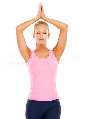 Buy stock photo Woman, studio and yoga for exercise, fitness and workout with health and wellness. Instructor, athlete and cardio with spiritual zen, meditation and balance or relaxation isolated on white background