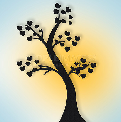 Buy stock photo Cartoon, tree and graphic of hearts for love for support, valentines day and mockup space in studio. Blue background, icons or illustration of a creative wallpaper for care, nature design or romance