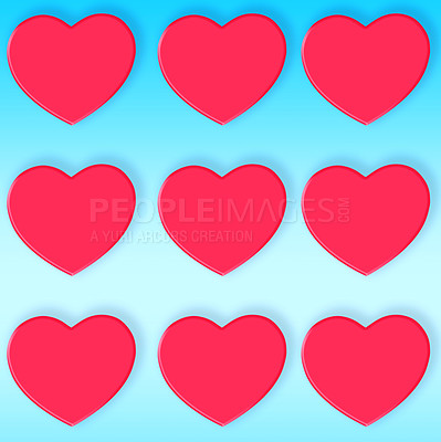 Buy stock photo Illustration, heart and creative set for love or devotion, care and blue background. Shape, romance and collection for valentines day celebration, icon and abstract art for support or peace symbol