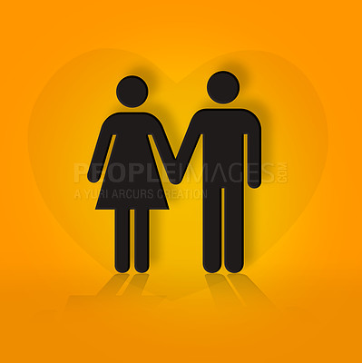 Buy stock photo Art, couple and cartoon of heart for love for support, emotional connection or marriage symbol. Orange background, studio or illustration of wallpaper or holding hands for care, design or romance