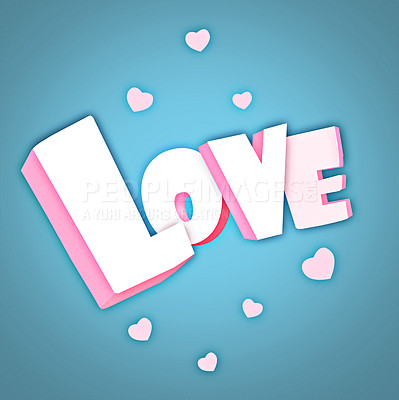 Buy stock photo Love, heart and letters on graphic with word in studio for texture, pattern or design isolated on a blue background. Valentines day, sign and icons with text for art, label or typography for romance