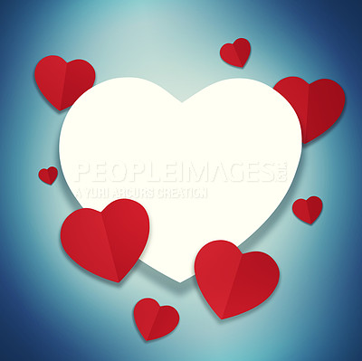 Buy stock photo Love, sign and graphic texture for heart in studio with design, icons or abstract isolated on a blue background. Romance, symbol and valentines day, art or illustration for kindness on mockup space