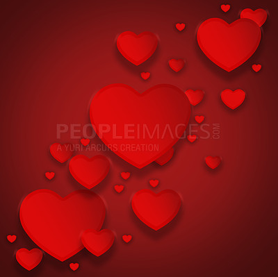 Buy stock photo Illustration, heart and creative collection for love or devotion, care and red background. Shape, romance and kindness for valentines day celebration, icon and abstract art for support or peace