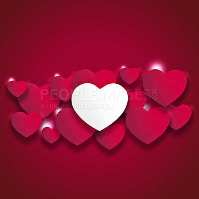 Buy stock photo Illustration, heart and symbol collection for romance or devotion, care and red background. Shape, love and icons for valentines day celebration, kindness and abstract art for support or peace