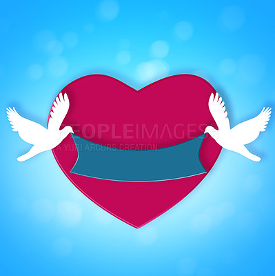 Buy stock photo Graphic, birds and hearts for symbol of love for support, emotional connection or forgiveness. Blue background, creative or illustration of wallpaper or banner in studio for care, design or romance