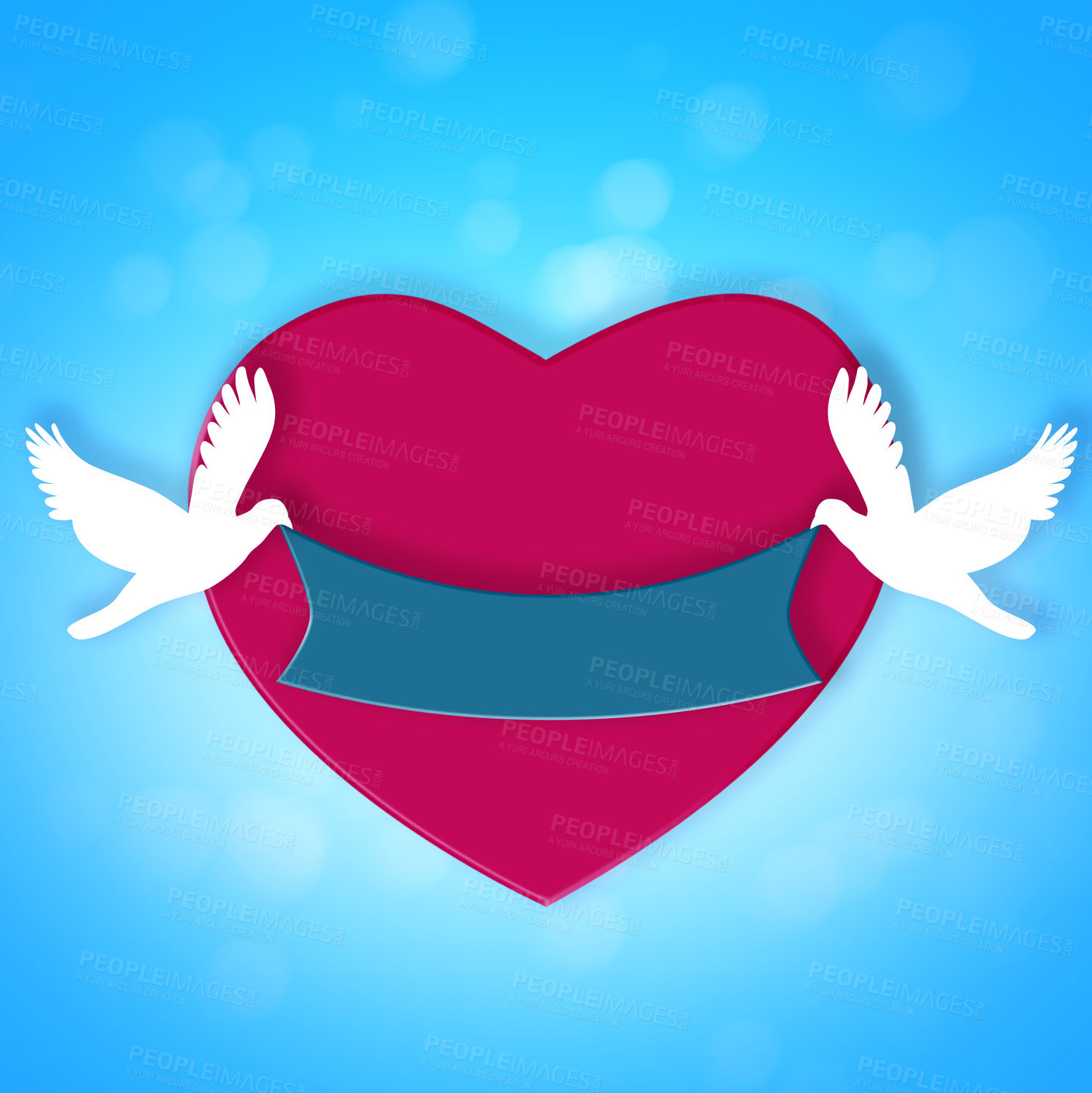 Buy stock photo Graphic, birds and hearts for symbol of love for support, emotional connection or forgiveness. Blue background, creative or illustration of wallpaper or banner in studio for care, design or romance