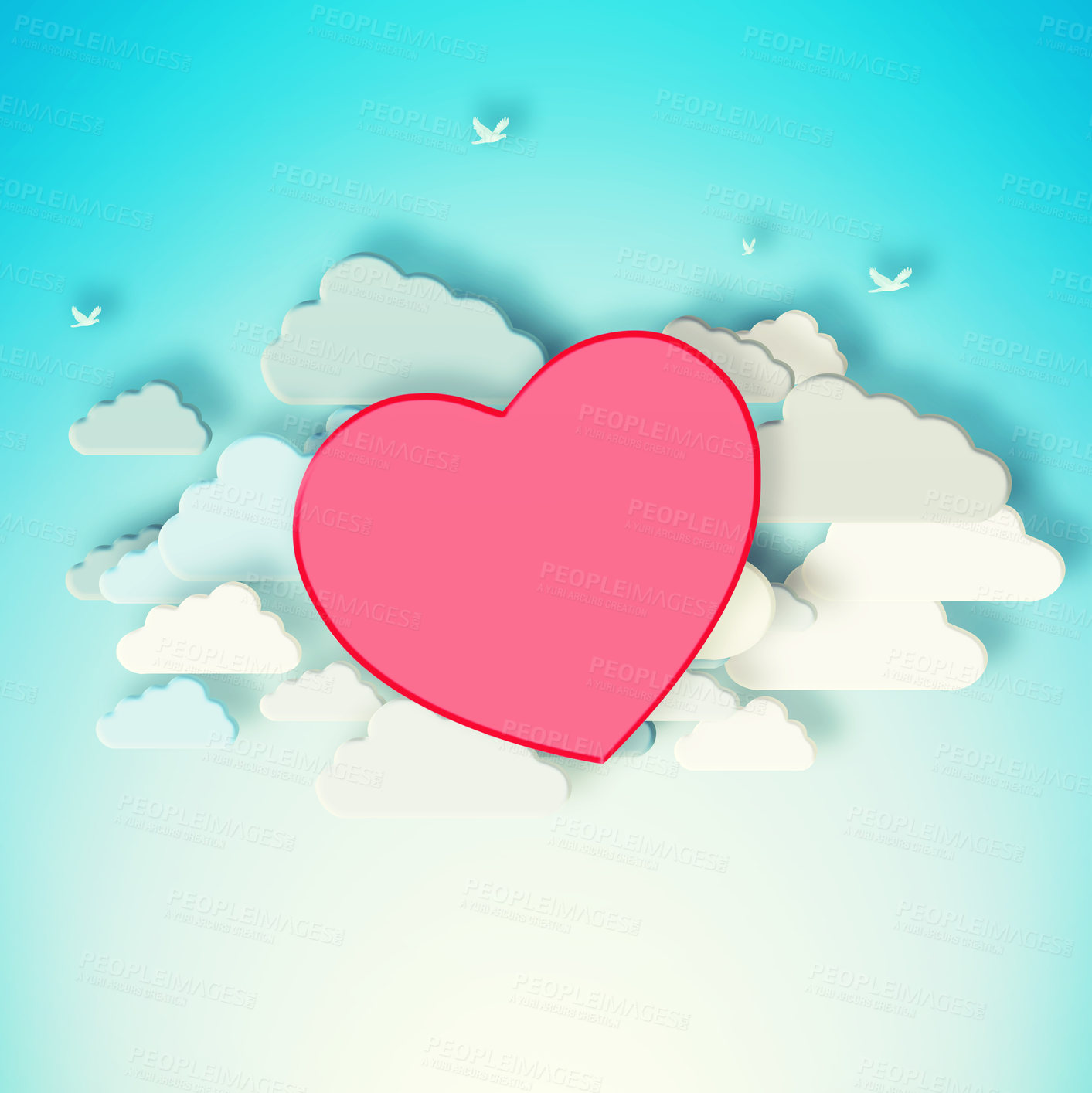 Buy stock photo Illustration, heart and creative symbol by clouds for devotion, care and blue background. Shape, romance and sketch for valentines day celebration, icon and abstract art for support or peace emotion