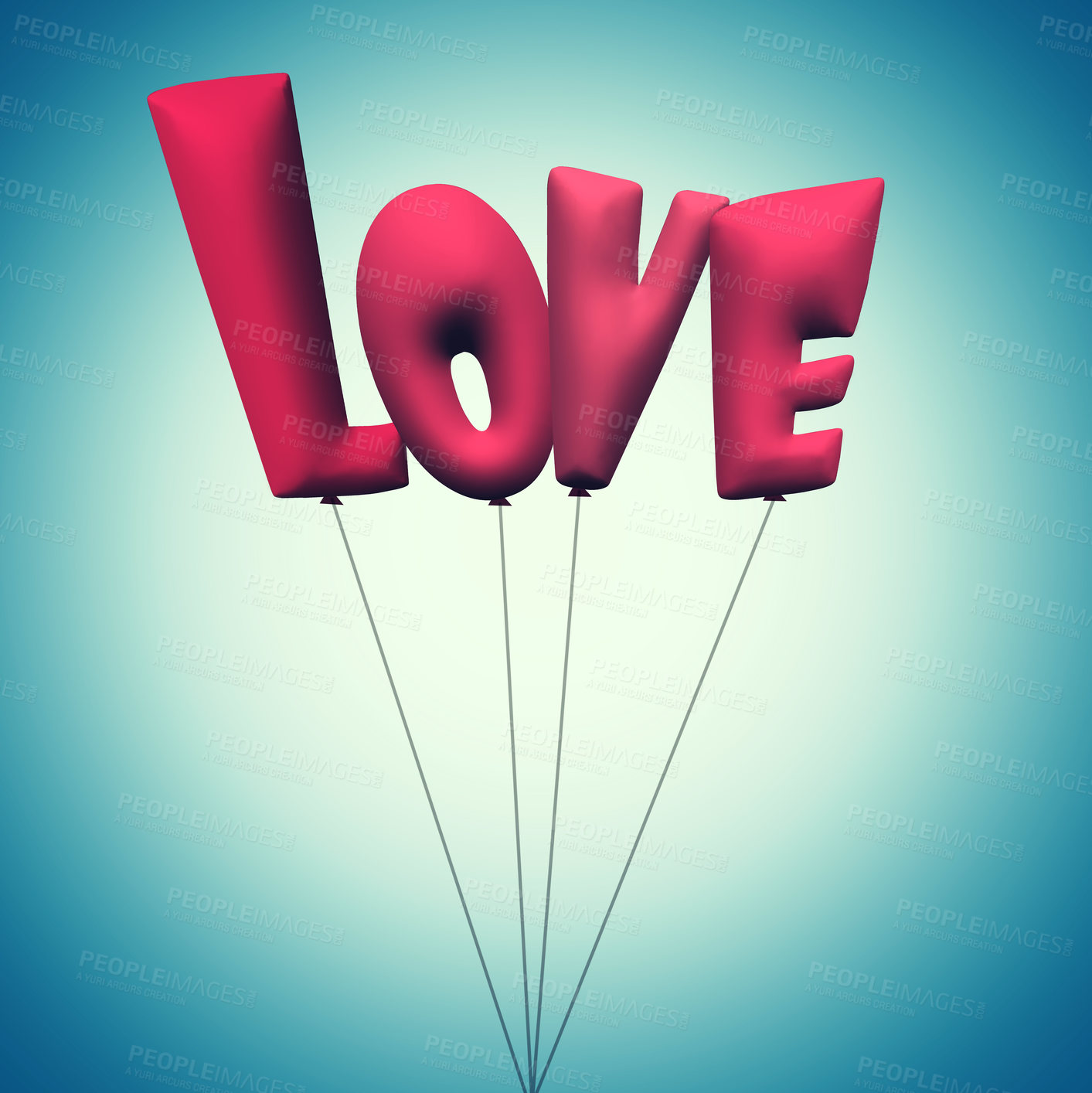 Buy stock photo Graphic, words or text for love balloon for support, valentines day or mockup space in studio. Blue background, string or illustration of a creative wallpaper for care, red design or romantic date