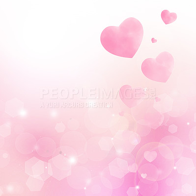 Buy stock photo Illustration, hearts and creative shape for care or devotion, care and pink background. Collection, romance and bokeh for valentines day celebration, icon and abstract for support or peace emotion