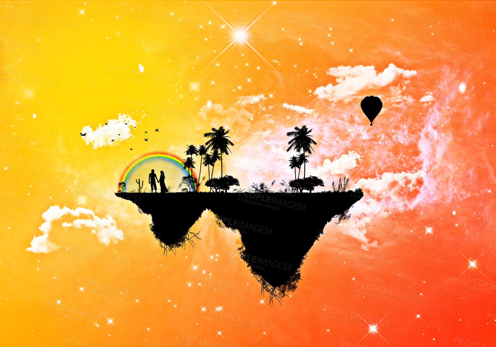 Buy stock photo Sky, abstract and illustration of island silhouette for peace or tropical fantasy with graphic drawing. Creative, natural and float with clouds, calm and dream with nature for travel with couple