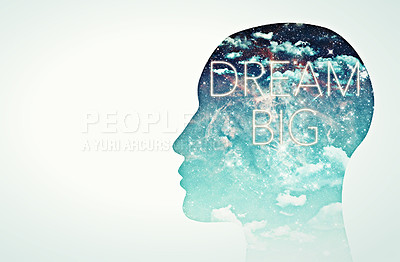 Buy stock photo Double exposure, mind and dream with a universe in the head of a silhouette for fantasy as a digital illustration. Star galaxy, light and overlay as a symbol of mental awareness or free thinking